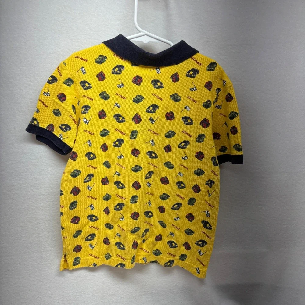 Vintage Kids Gymboree Large Yellow Racing Cars Flags Polo Shirt Cotton‎ 5 Yrs